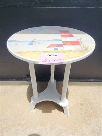 Round Decorative Table — Hand-Painted Coastal Lighthouse Scene